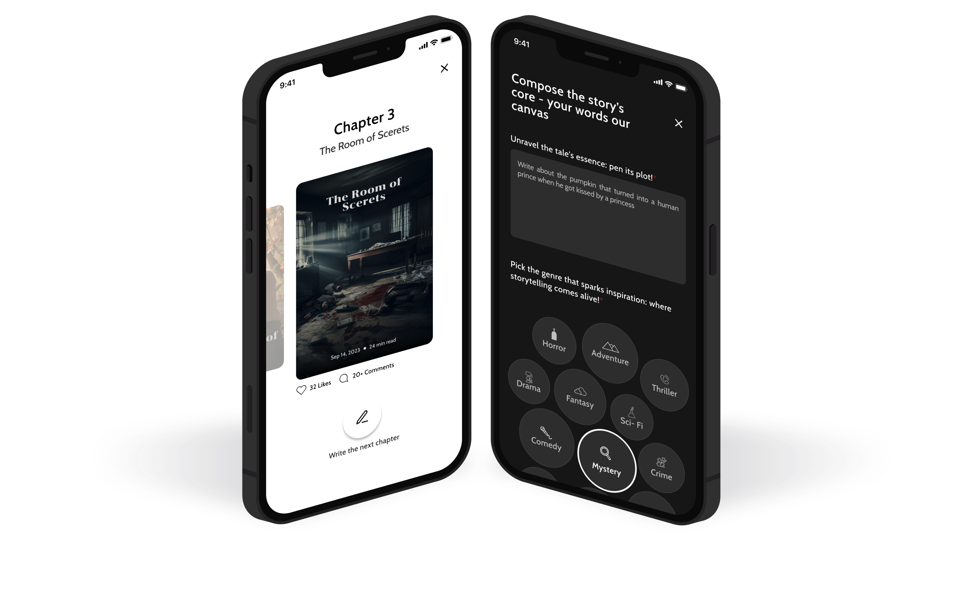 AI story generator app talestitch genre selection screen and chapter screenshot